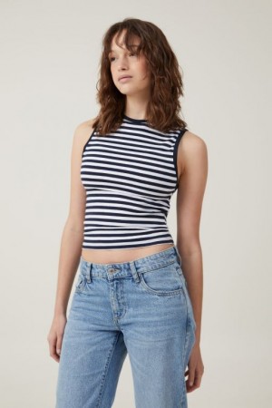 Cotton On The One Basic High Neck Women's Tanks Stripes White / Navy | 50NAs6lgaxU