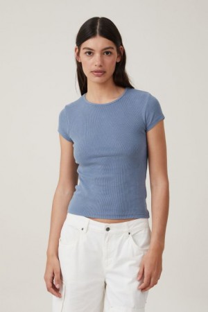 Cotton On The One Organic Rib Crew Short Sleeve Women's T Shirts Blue | PXraVb5G3Kg