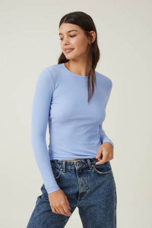 Cotton On The One Organic Rib Crew Top Women's Long Sleeve Blue | AmqATMRE44M