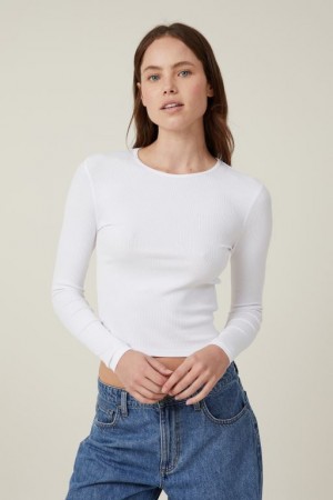 Cotton On The One Organic Rib Crew Top Women's Long Sleeve White | y9qRznvbgyp