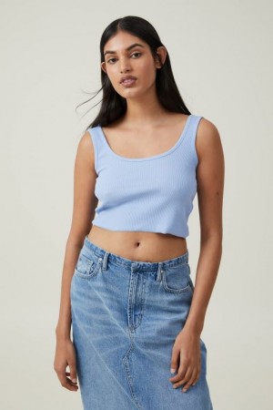 Cotton On The One Organic Rib Crop Women's Tanks Blue | 0zRuokTa2WN