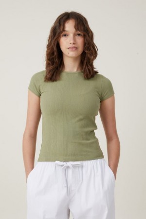 Cotton On The One Organic Variegated Rib Crew Short Sleeve Women's T Shirts Khaki | EZQxUJ1vem1