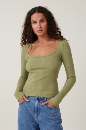 Cotton On The One Organic Variegated Rib Scoop Women's Long Sleeve Khaki | YKaQPCQjfte