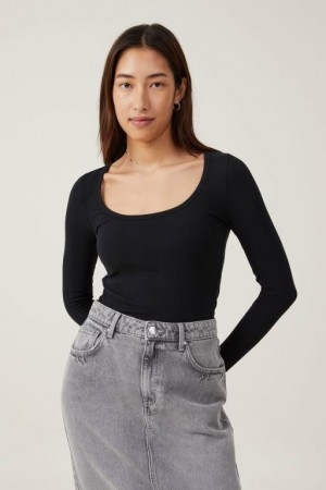 Cotton On The One Organic Variegated Rib Scoop Women's Long Sleeve Black | 288eth6POtV