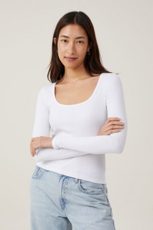 Cotton On The One Organic Variegated Rib Scoop Women's Long Sleeve White | f1O4ICItI03
