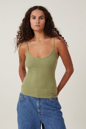 Cotton On The One Organic Variegated Rib V Neck Women's Cami Khaki | UaVWOUsXofs