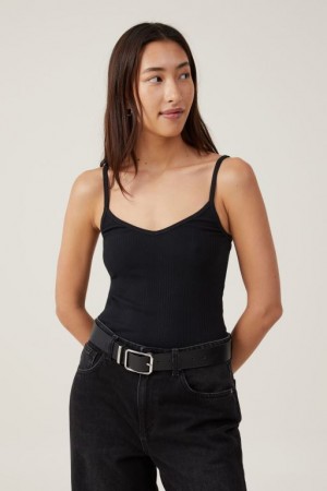 Cotton On The One Organic Variegated Rib V Neck Women's Cami Black | xOct0fiafhE