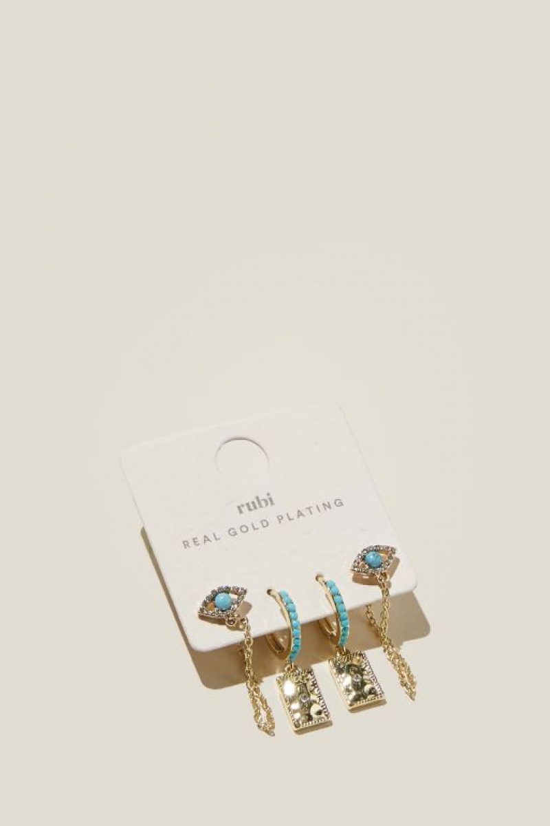 Cotton On 2Pk Mid Earring Women's Jewellery Gold Turquoise | WmUEGv6s1tI
