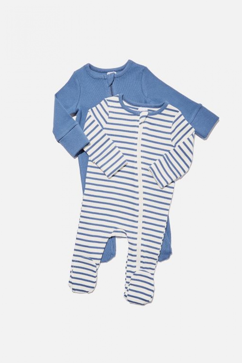 Cotton On 2 Pack Essentials Zip Baby Rompers Blue | PNCASK9T5tn