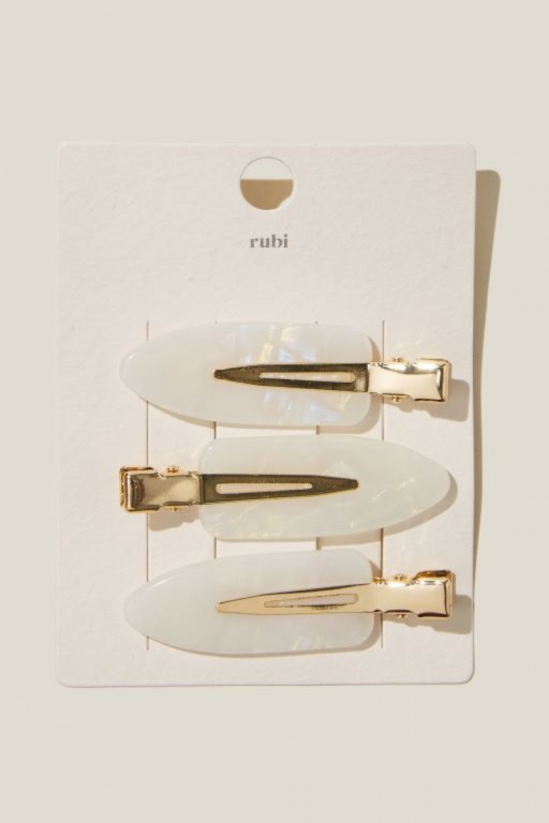 Cotton On 3Pk Chloe Flat Clips Women's Hair Accessories White / Gold | EkdteqjTZmE