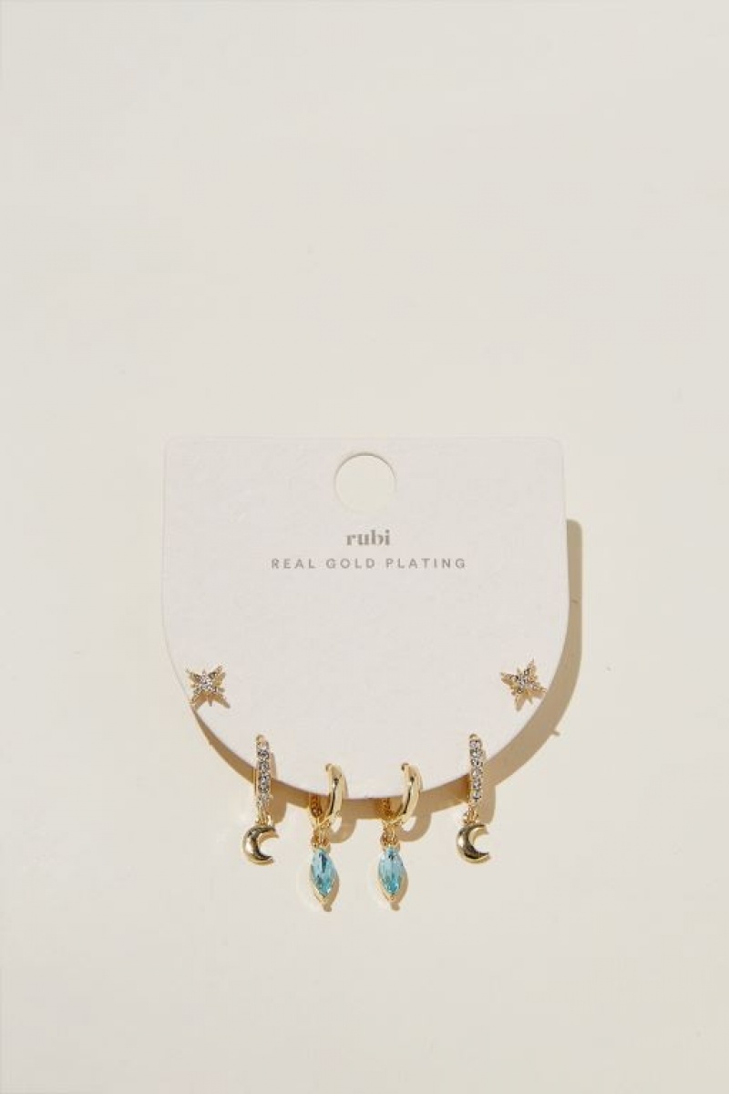 Cotton On 3Pk Small Earring Women's Jewellery Gold Light Blue | eHnmpLAUQSX