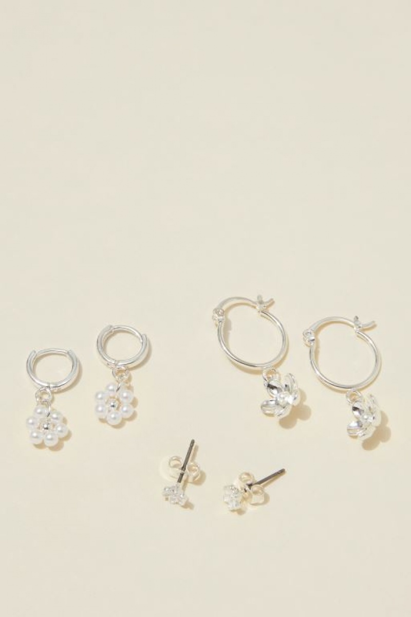 Cotton On 3Pk Small Earring Women's Jewellery Silver Flower | MZ8rFBtLBdE