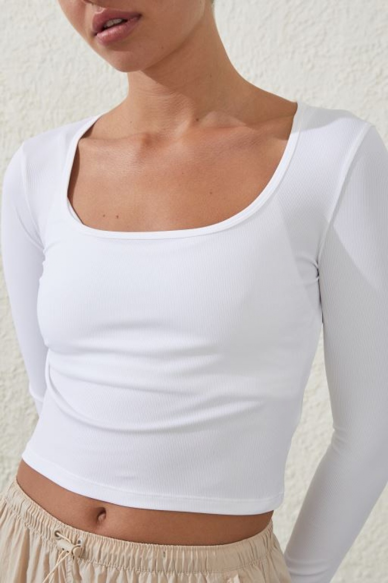 Cotton On Active Rib Scoop Longsleeve Top Women's Long Sleeve White | KJ0tSYtYmXU