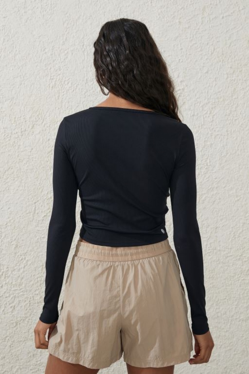 Cotton On Active Rib Scoop Longsleeve Top Women's Long Sleeve Black | Zyut6nnxNsk