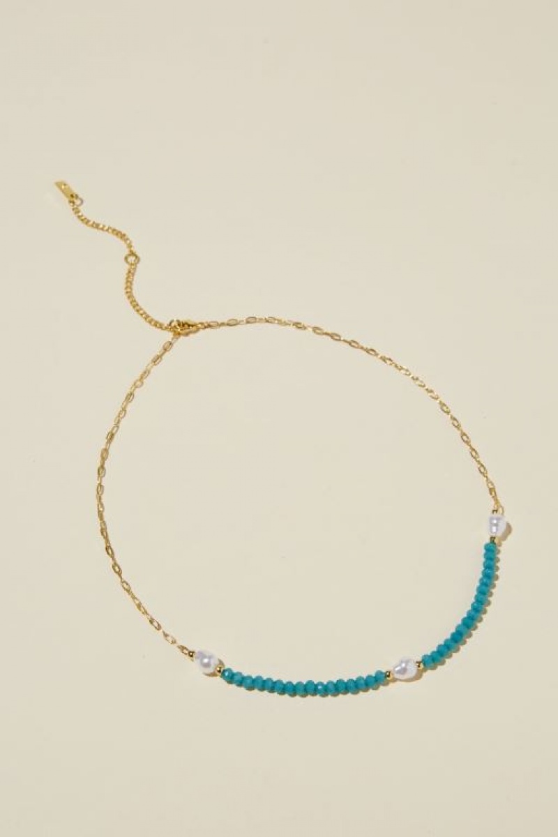 Cotton On Beaded Necklace Women\'s Jewellery Gold Green | YJgFWi26TNo