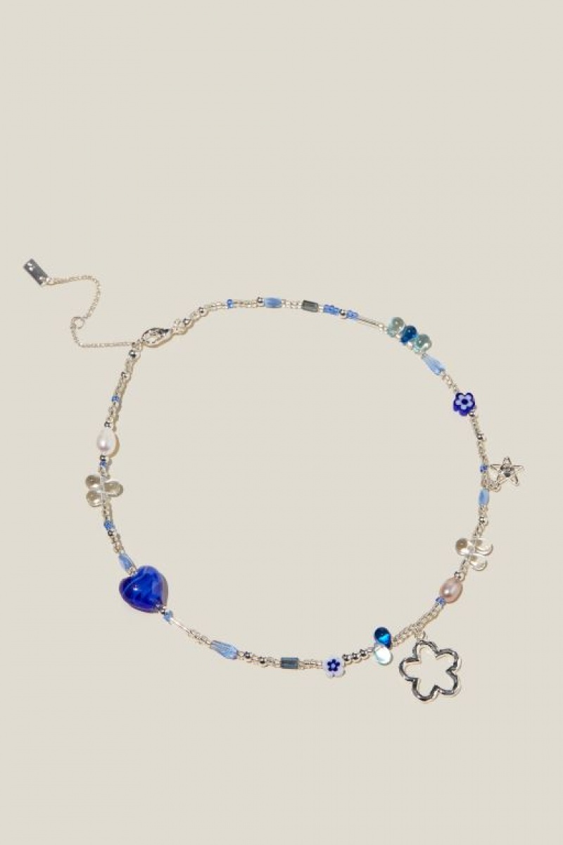 Cotton On Beaded Necklace Women\'s Jewellery Silver Blue | 1nnrR1Kyx4y