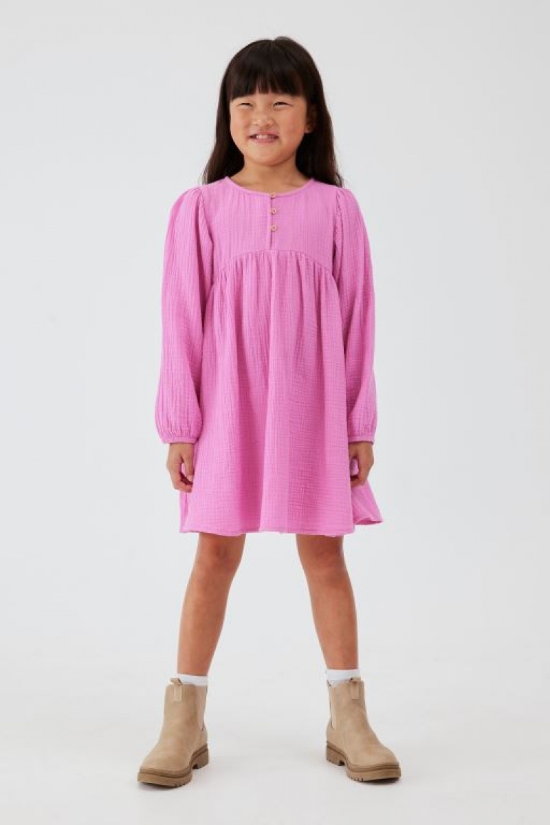 Cotton On Bella Long Sleeve Girls' Dress Pink | 767V0qnEIv5