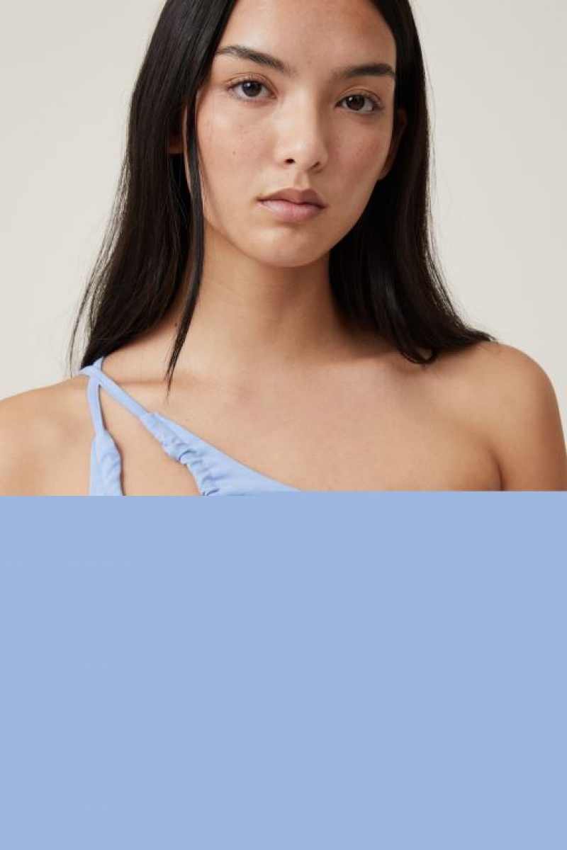 Cotton On Belle One Shoulder Gathered Crop Women's Tanks Blue | CcV4axOYiMq