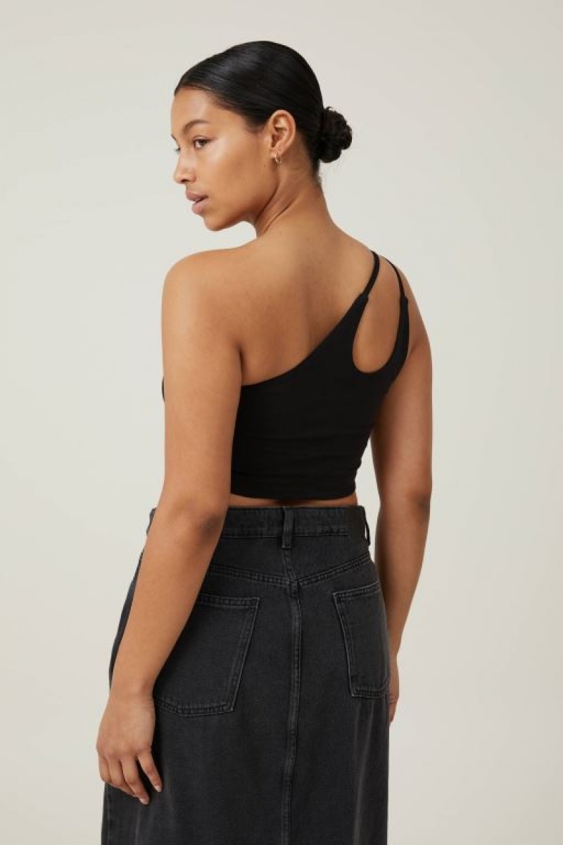 Cotton On Belle One Shoulder Gathered Crop Women's Tanks Black | GRMkKTCGQ3l