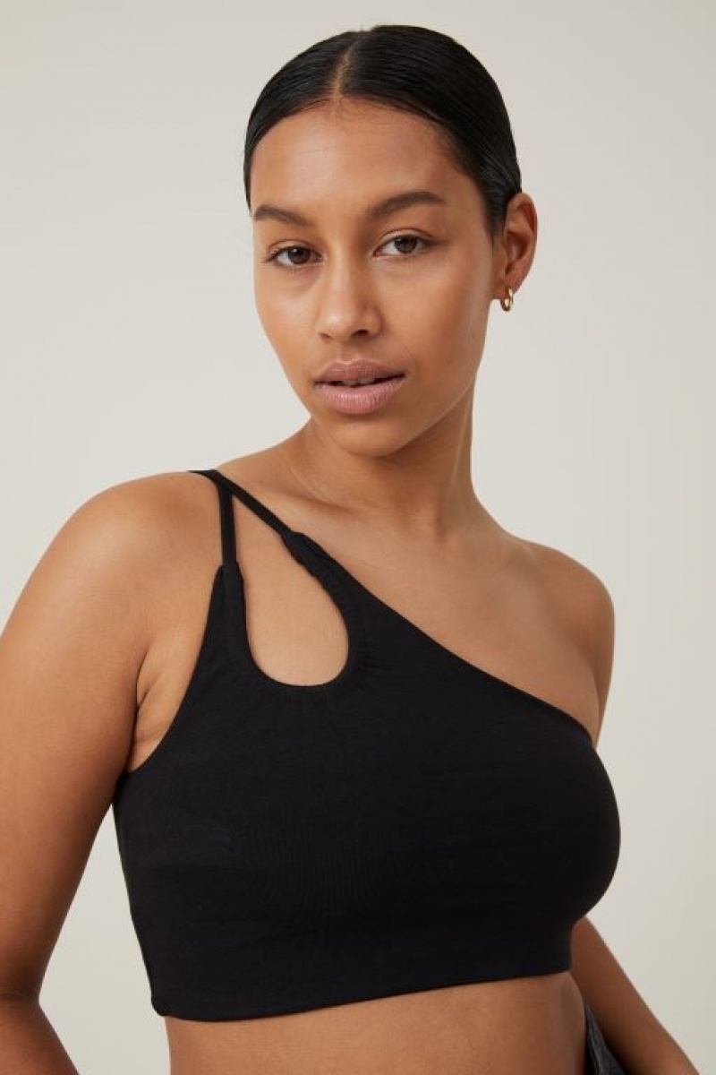 Cotton On Belle One Shoulder Gathered Crop Women's Tanks Black | GRMkKTCGQ3l