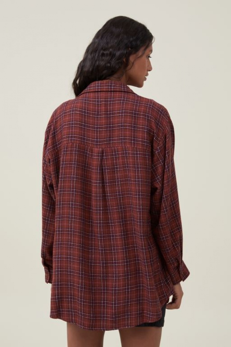 Cotton On Boyfriend Flannel Women's Shirts Brown | F4az4CC4p6B