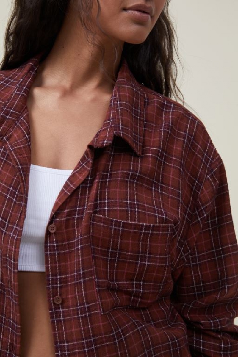 Cotton On Boyfriend Flannel Women's Shirts Brown | F4az4CC4p6B