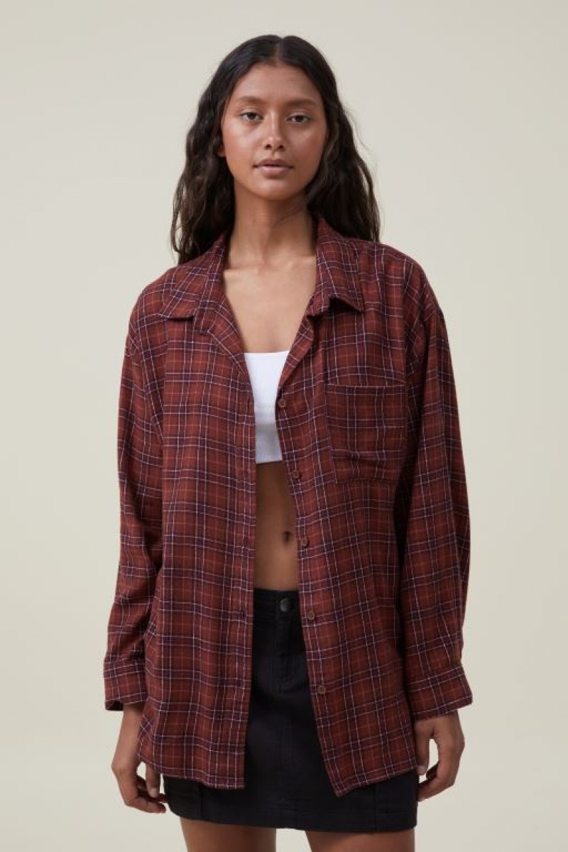Cotton On Boyfriend Flannel Women\'s Shirts Brown | F4az4CC4p6B