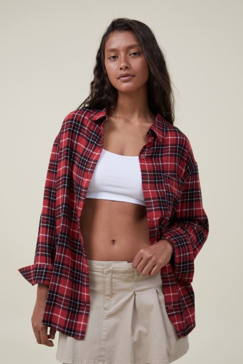 Cotton On Boyfriend Flannel Women\'s Shirts Red | KIaoriK39kw