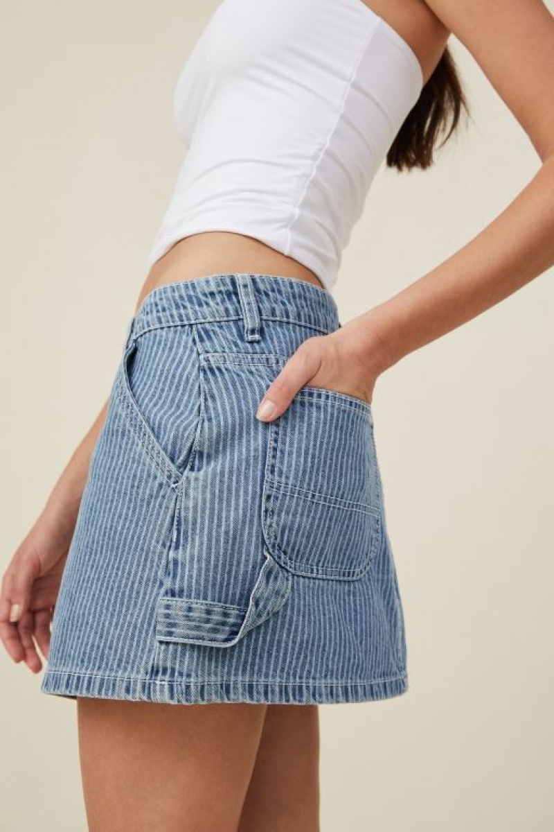 Cotton On Cargo Denim Low Rise Mini Skirt Women's Jeans Blue Stripes | ee0avcYjkU6