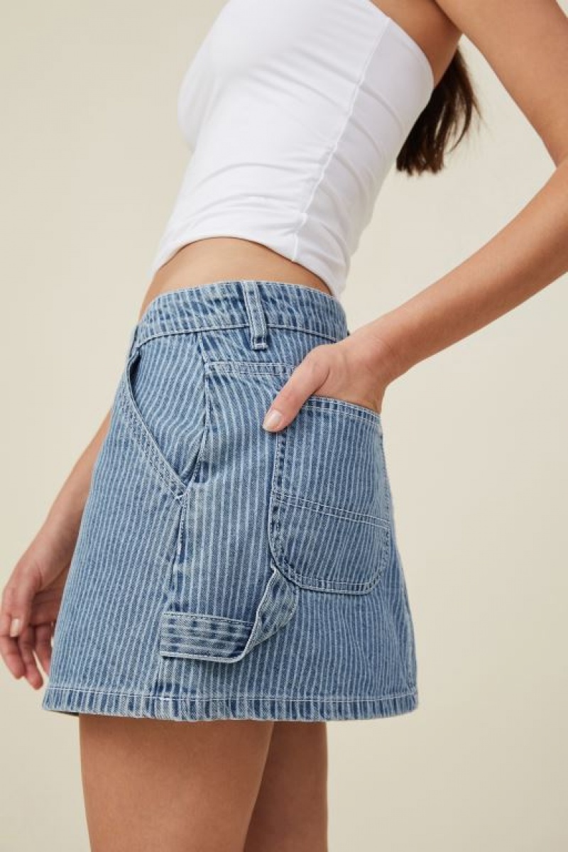 Cotton On Cargo Denim Low Rise Mini Women's Skirt Blue Stripes | cLzUD4MSRgU