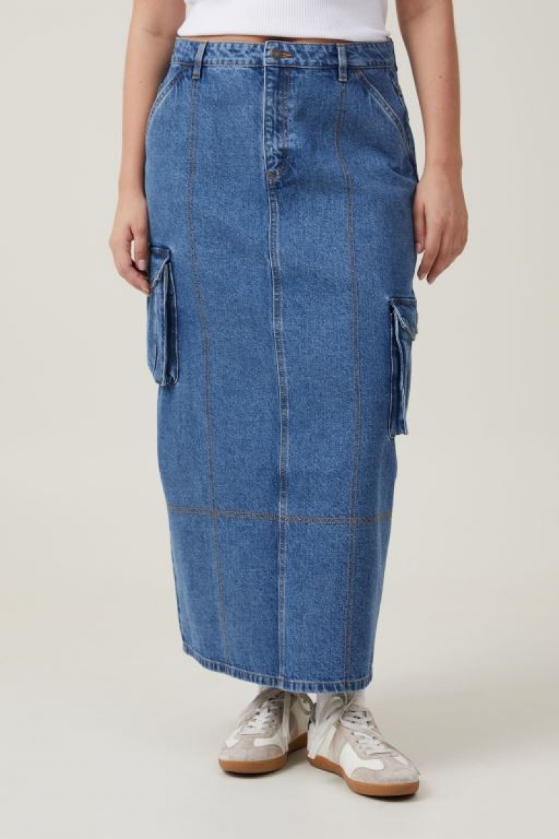 Cotton On Cargo Denim Maxi Women's Skirt Blue | Ejzdr8K6Gis