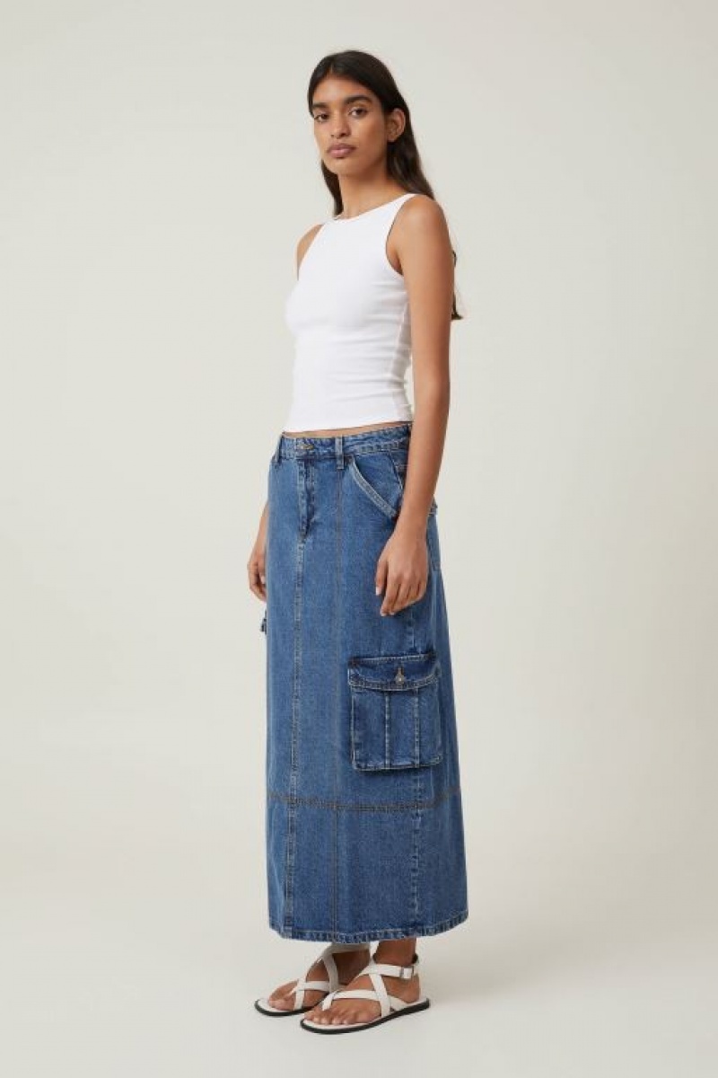 Cotton On Cargo Denim Maxi Women's Skirt Blue | Ejzdr8K6Gis