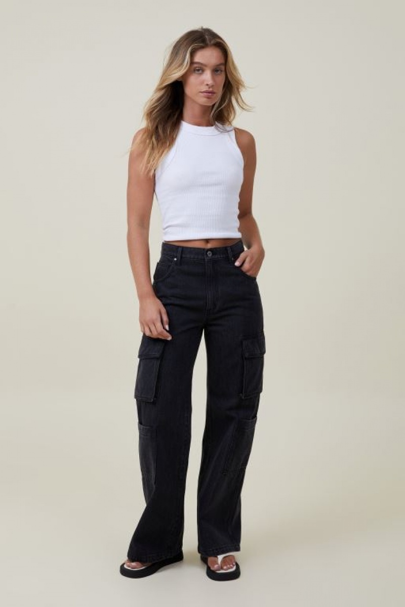 Cotton On Cargo Wide Leg Women's Jeans Deep Grey Black | ybbQPJuVaQH