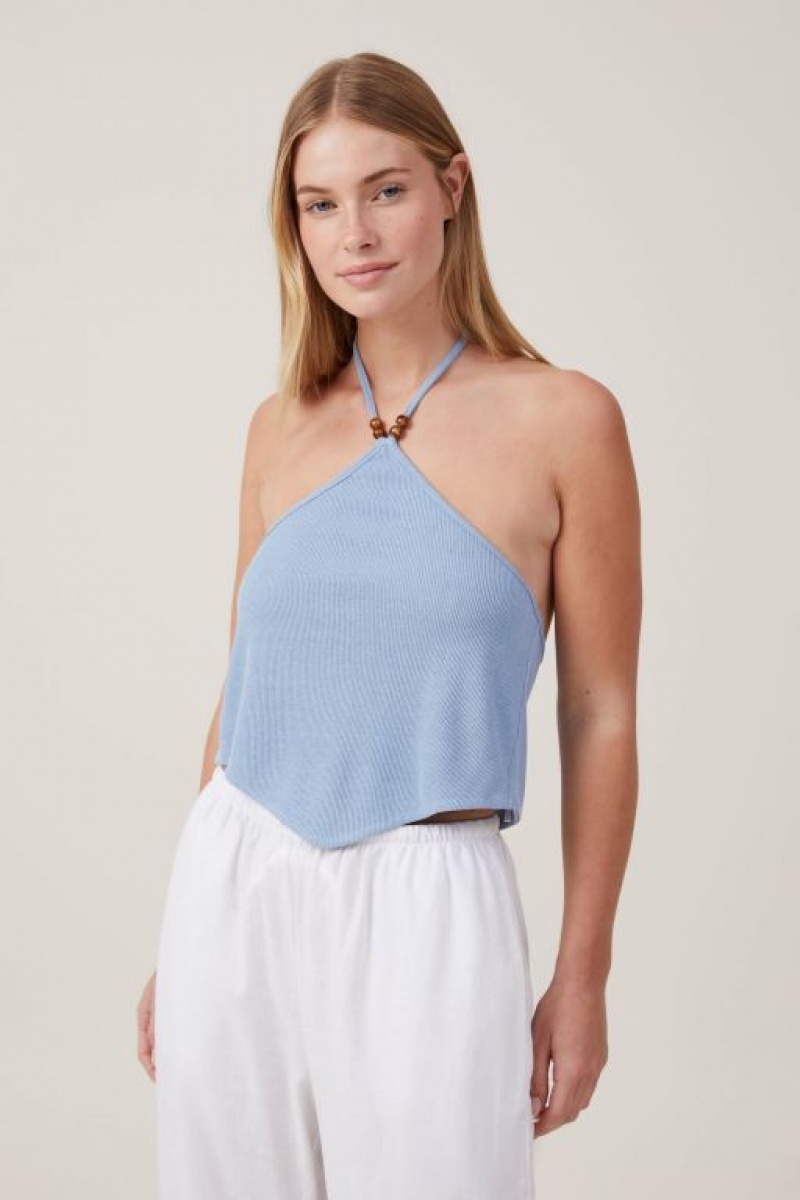 Cotton On Cassie Beaded Halter Women\'s Tanks Blue | NLfn2YO1lx6