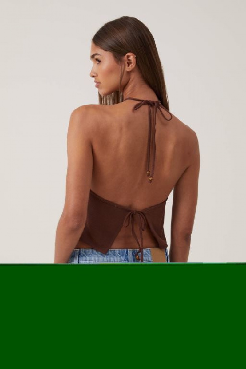 Cotton On Cassie Beaded Halter Women's Tanks Brown | NuaMJIu5nEG