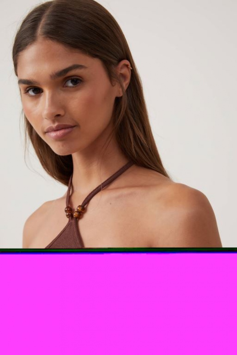 Cotton On Cassie Beaded Halter Women's Tanks Brown | NuaMJIu5nEG
