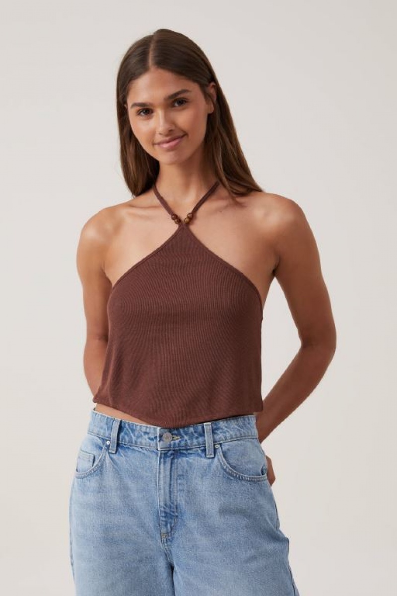 Cotton On Cassie Beaded Halter Women\'s Tanks Brown | NuaMJIu5nEG
