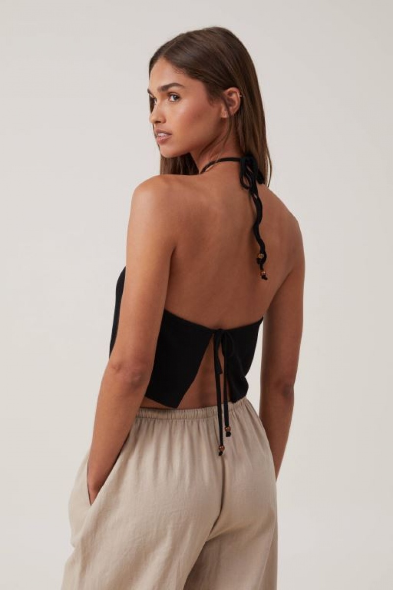 Cotton On Cassie Beaded Halter Women's Tanks Black | ALo07BWnahM
