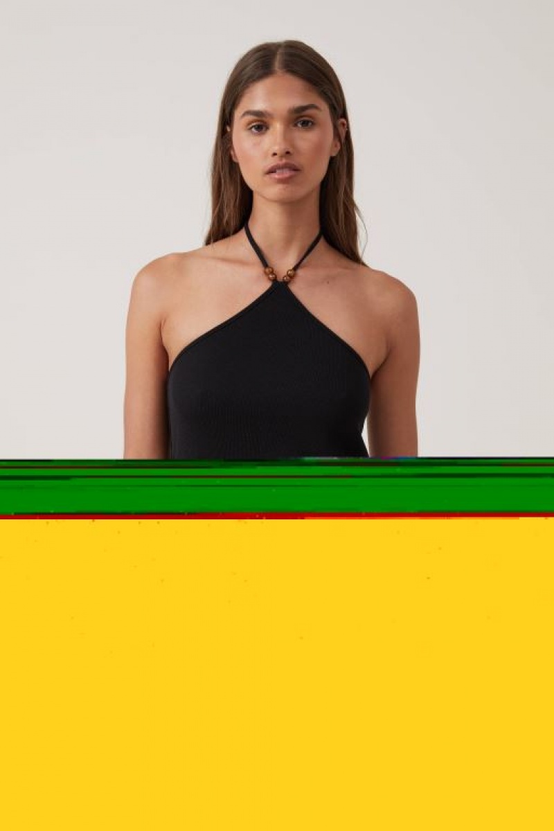 Cotton On Cassie Beaded Halter Women\'s Tanks Black | ALo07BWnahM
