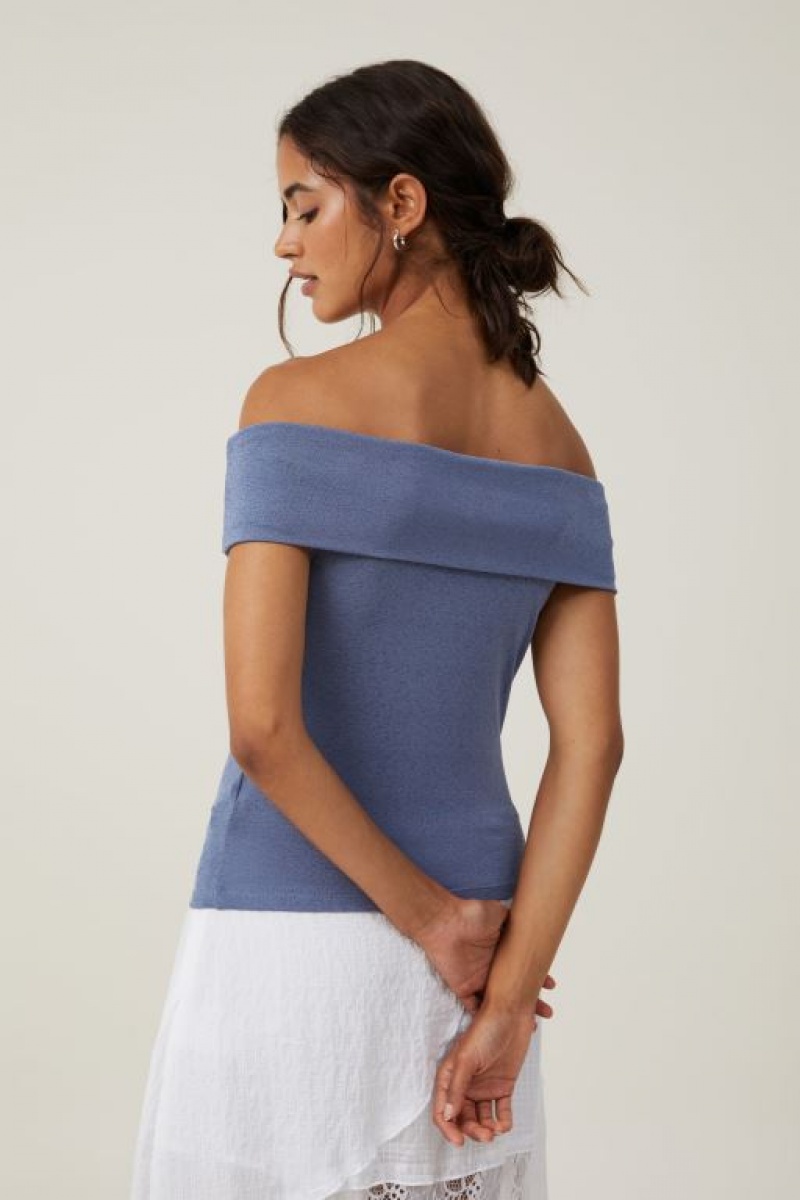 Cotton On Chloe Off The Shoulder Women's T Shirts Blue | 2J57IdbuQxi