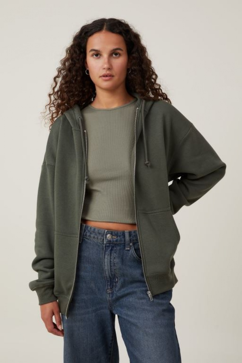 Cotton On Classic Zip-Through Women\'s Hoodie Dark Olive | yCPBfP7wvUL