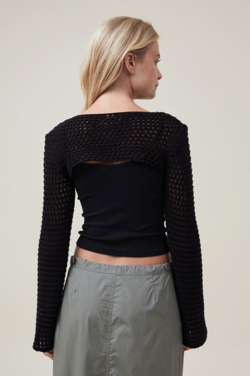 Cotton On Crochet Bell Sleeve Shrug Women's Long Sleeve Black | dobbYecWDkp