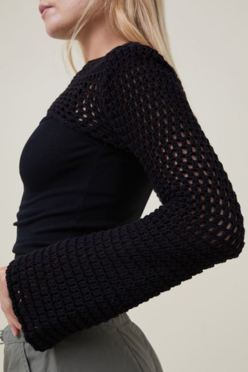 Cotton On Crochet Bell Sleeve Shrug Women's Long Sleeve Black | dobbYecWDkp