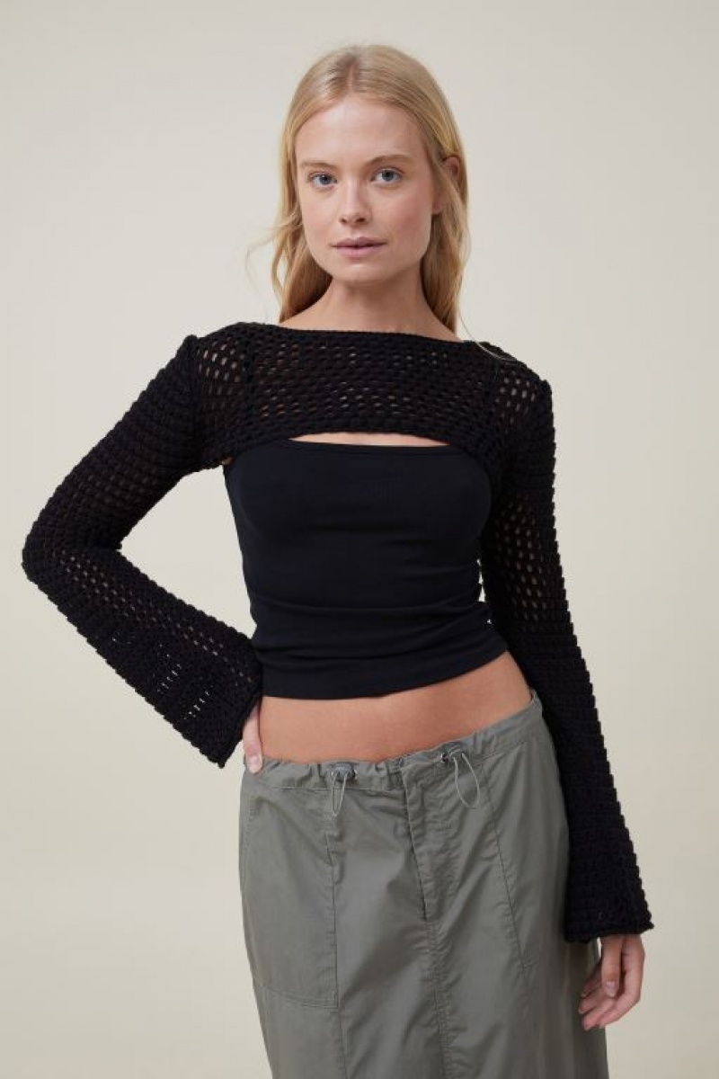 Cotton On Crochet Bell Sleeve Shrug Women\'s Long Sleeve Black | dobbYecWDkp