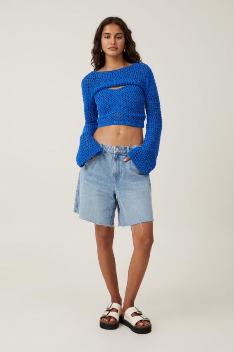 Cotton On Crochet Bell Sleeve Shrug Women's Knitwear Blue | UF97tDCH3Sx