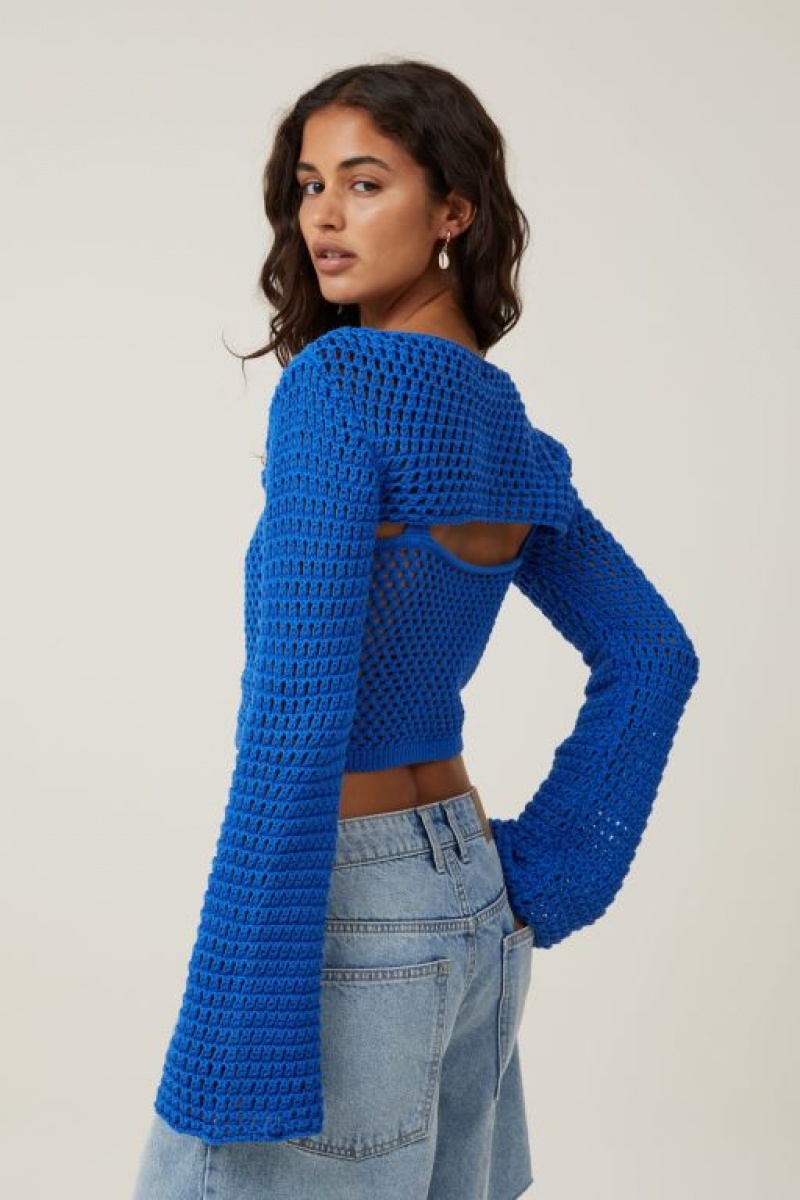 Cotton On Crochet Bell Sleeve Shrug Women's Knitwear Blue | UF97tDCH3Sx