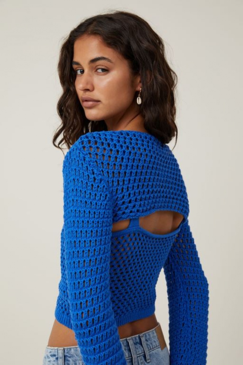 Cotton On Crochet Bell Sleeve Shrug Women's Knitwear Blue | UF97tDCH3Sx