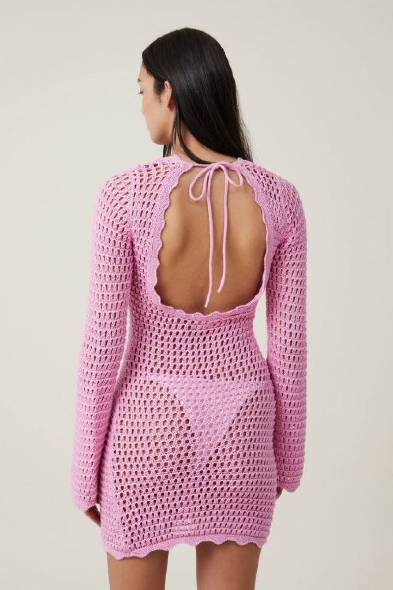 Cotton On Crochet Long Sleeve Women's Mini Dress Pink | Cmu6GtRied9