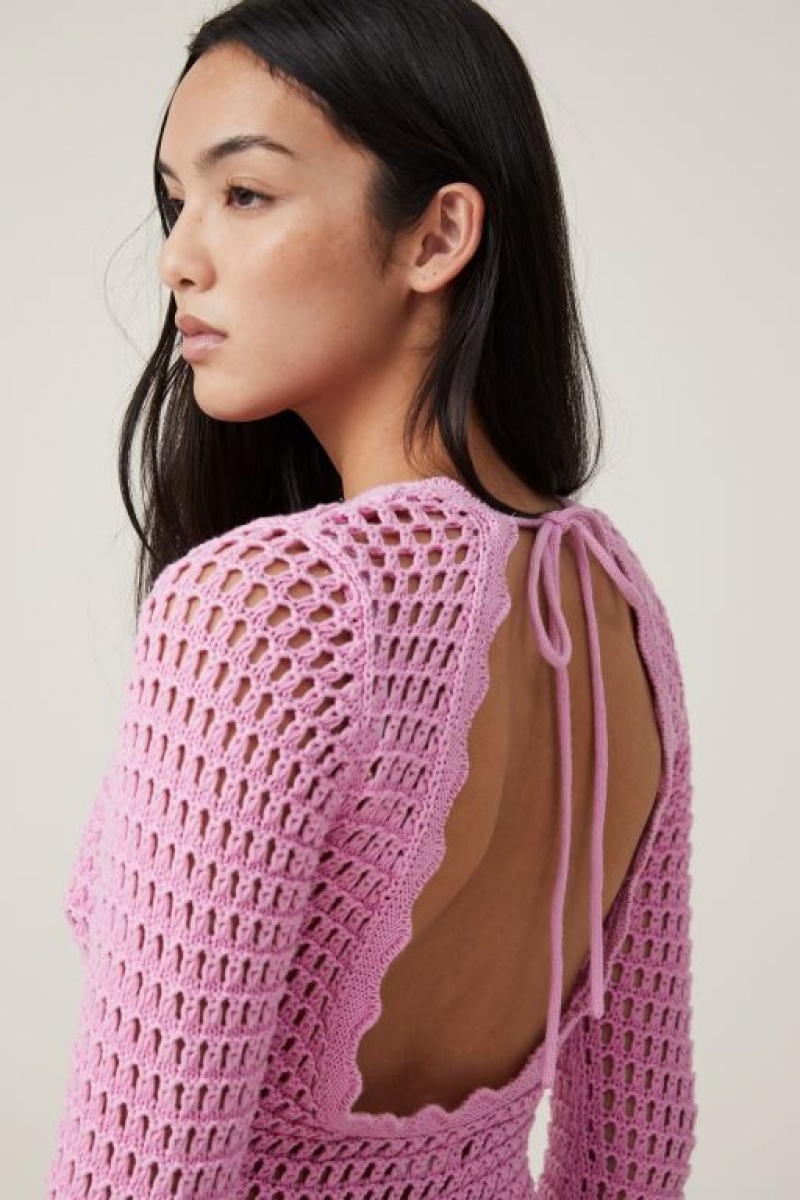 Cotton On Crochet Long Sleeve Women's Mini Dress Pink | Cmu6GtRied9