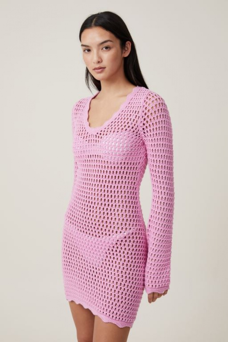 Cotton On Crochet Long Sleeve Women\'s Mini Dress Pink | Cmu6GtRied9
